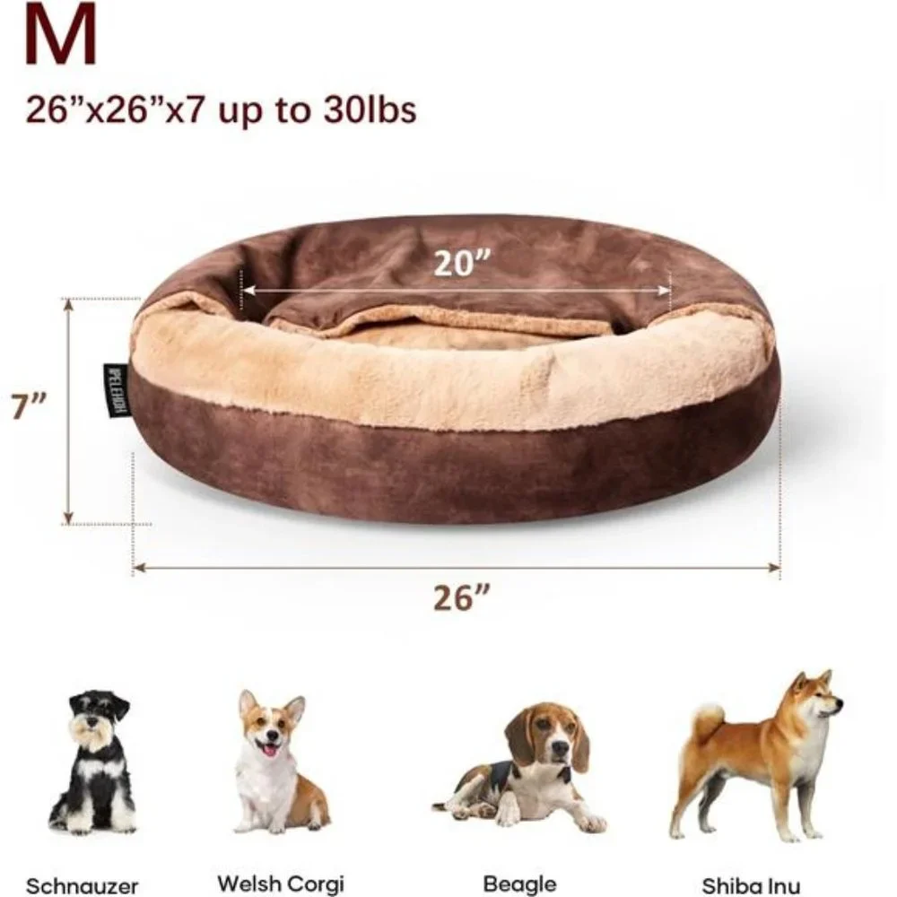 Bed with Cover Cozy Soft Cat Bed Washable Warming Calming Pet Round Bed (Medium)